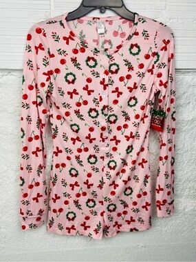 NWT Snow Cool long sleeve Pink Holiday Cherry Print Button-Up romper SZ S & M